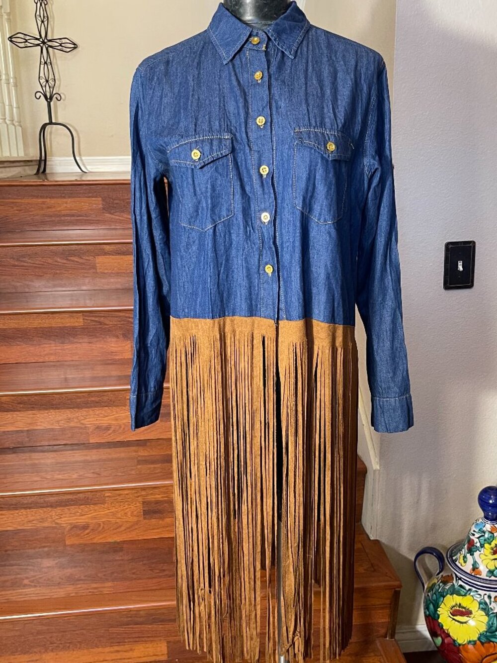 36.5 Women's Wester Rodeo Style Faux Blue Denim Shirt Long Slvs & Long Fringe L